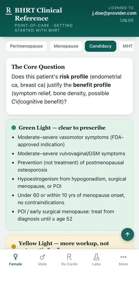 Candidacy screening screen in the BHRT Navigator app