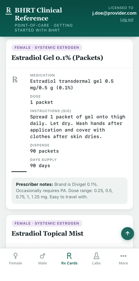 Rx card screen showing an estradiol gel prescription example