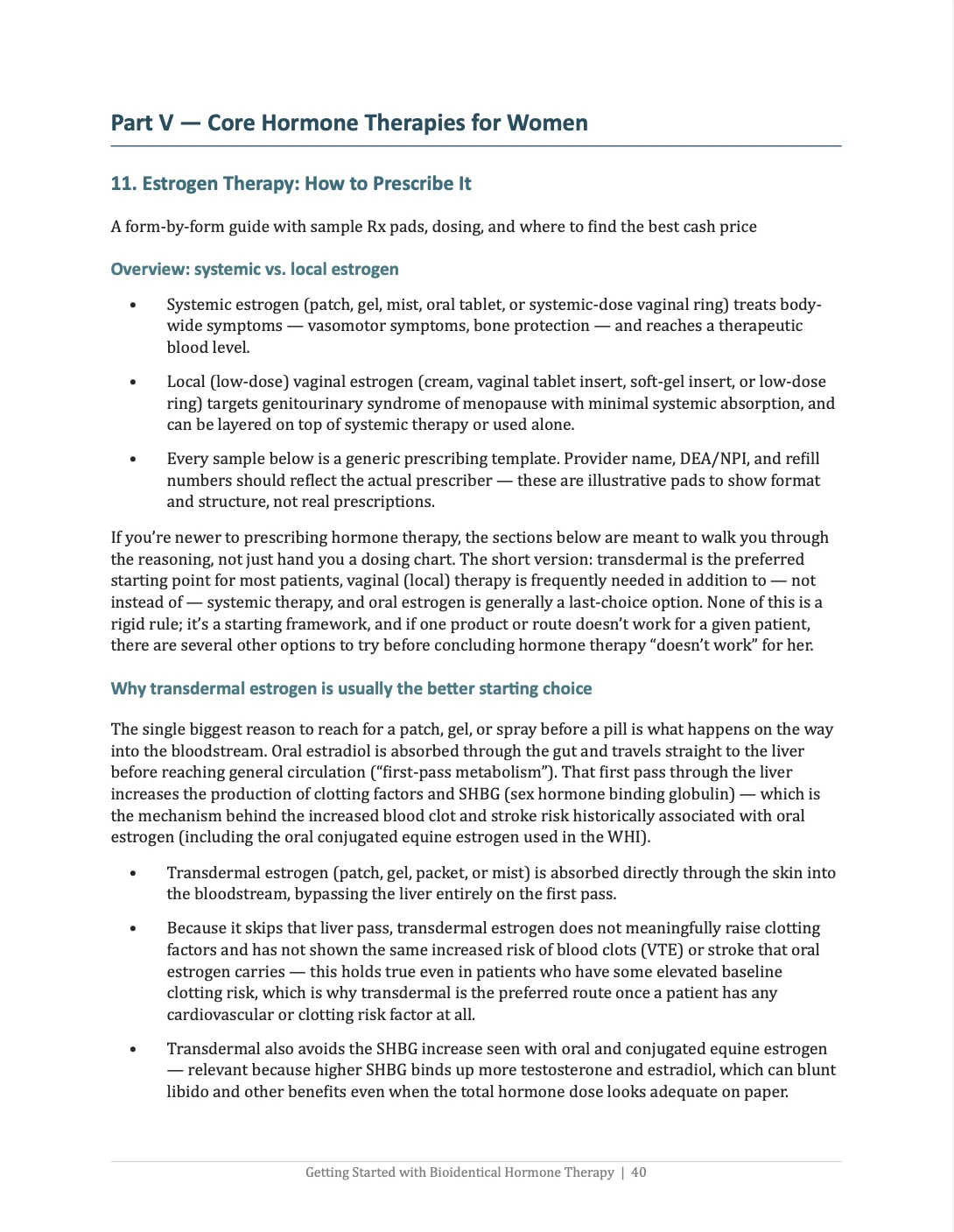 A sample chapter page on prescribing estrogen therapy, covering systemic vs. local estrogen