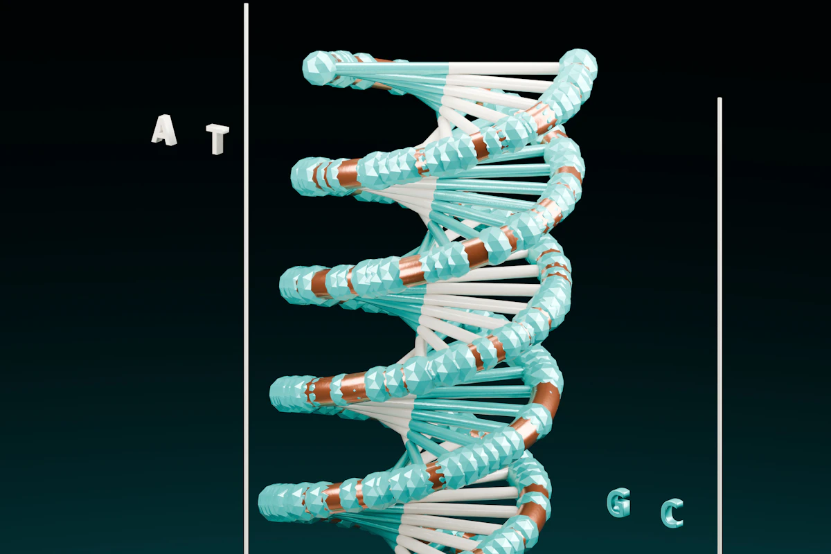 A stylized DNA double helix with teal and copper segments against a dark background