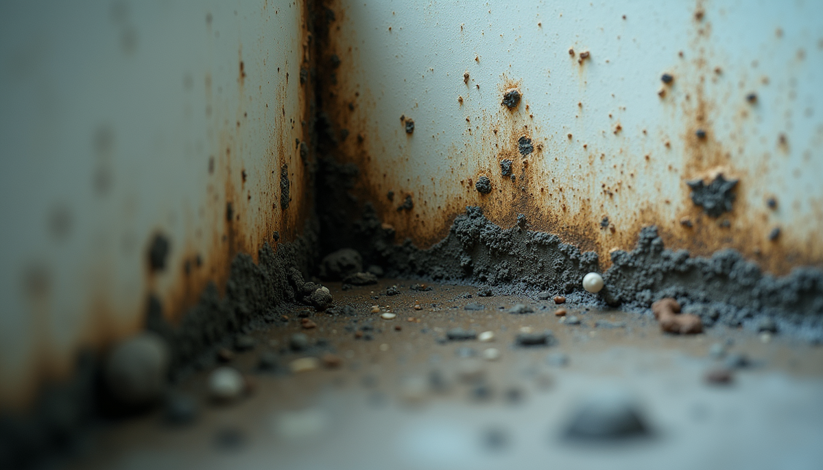 Close-up view of mold growing on a damp wall corner