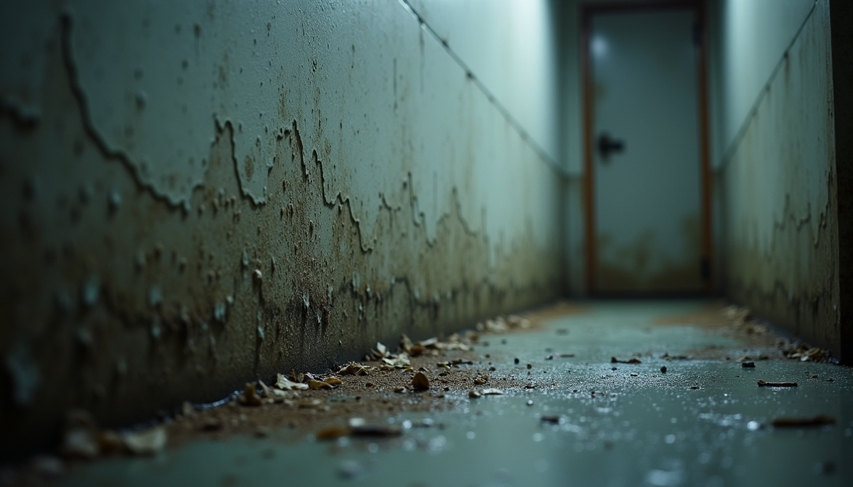 Eye-level view of a humid basement corner with visible mold spots