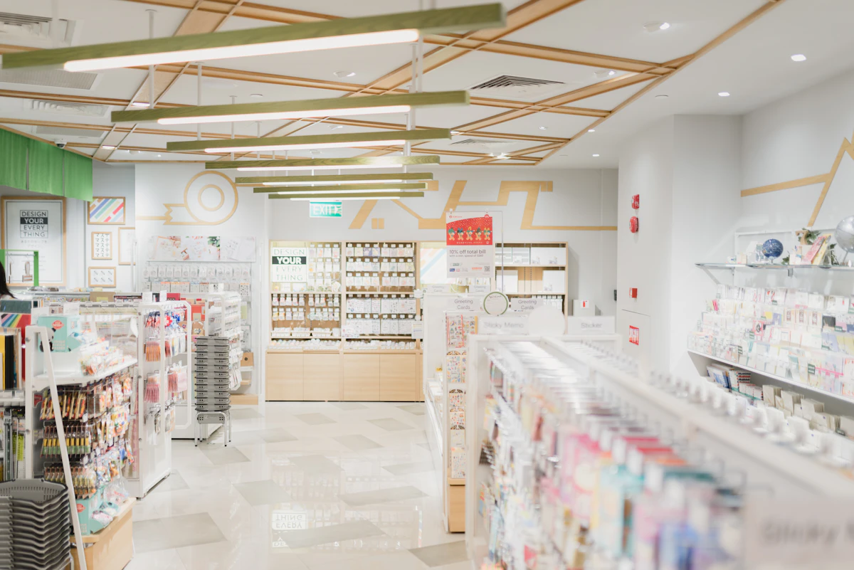 Bright pharmacy interior with shelves of products