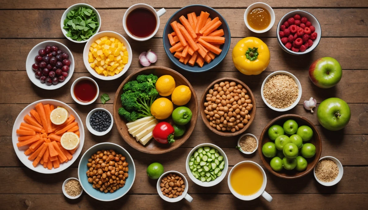 High angle view of vibrant gut-healthy foods on a wooden table - functional medicine Austin