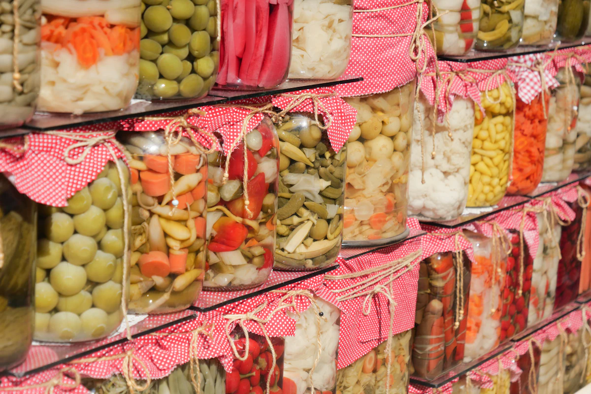 Shelves of jars with fermented vegetables