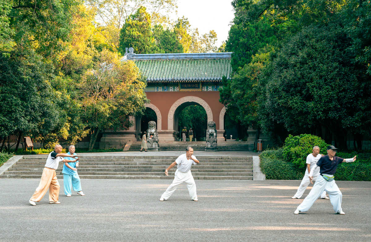 People practicing tai chi together in a park