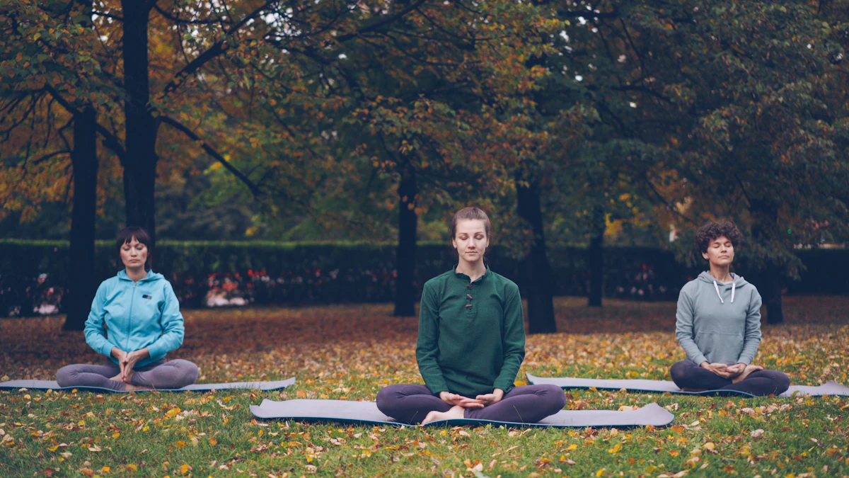 People meditating on mats in a park