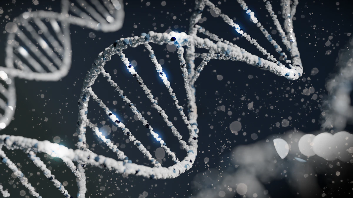 A glowing white DNA double helix structure floating against a dark background
