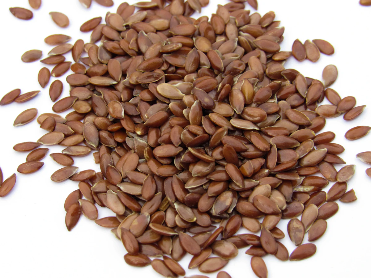 A pile of flax seeds on a white surface