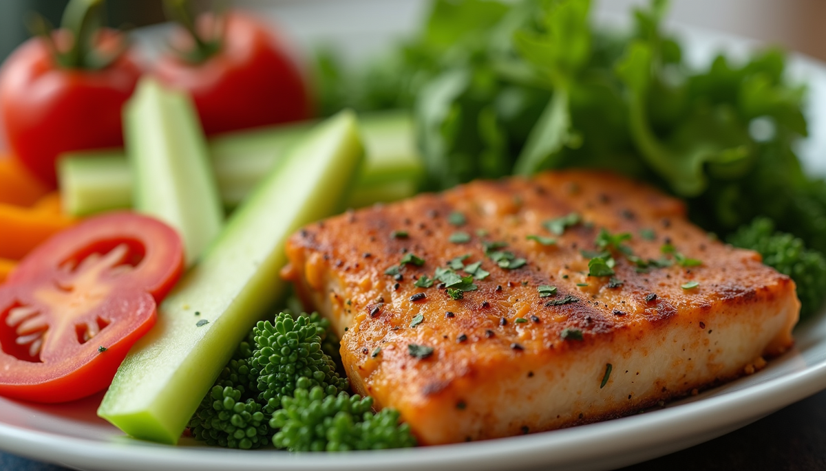Close-up view of a colorful plate of fresh vegetables and lean protein