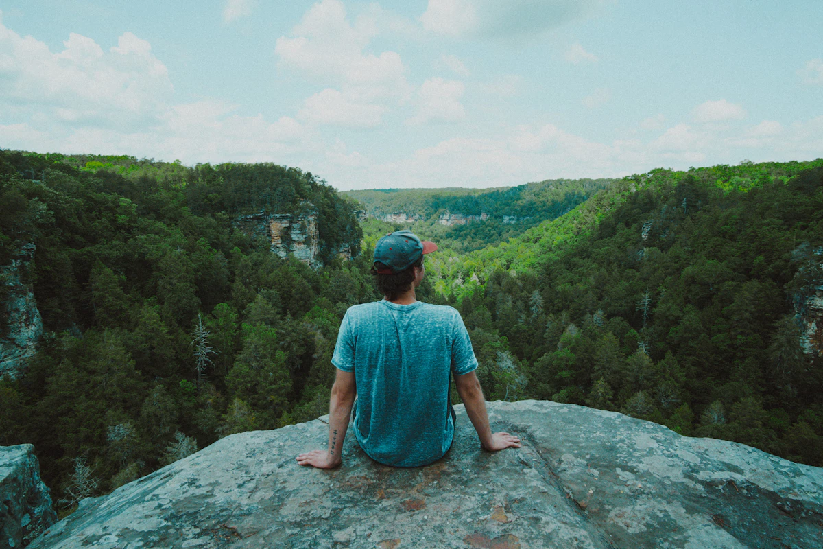 Man sitting on a rock overlooking a forested valley